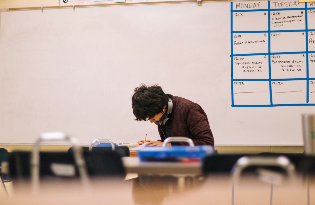 Illustrative student writing in a classroom, not a photograph from a Netanya school